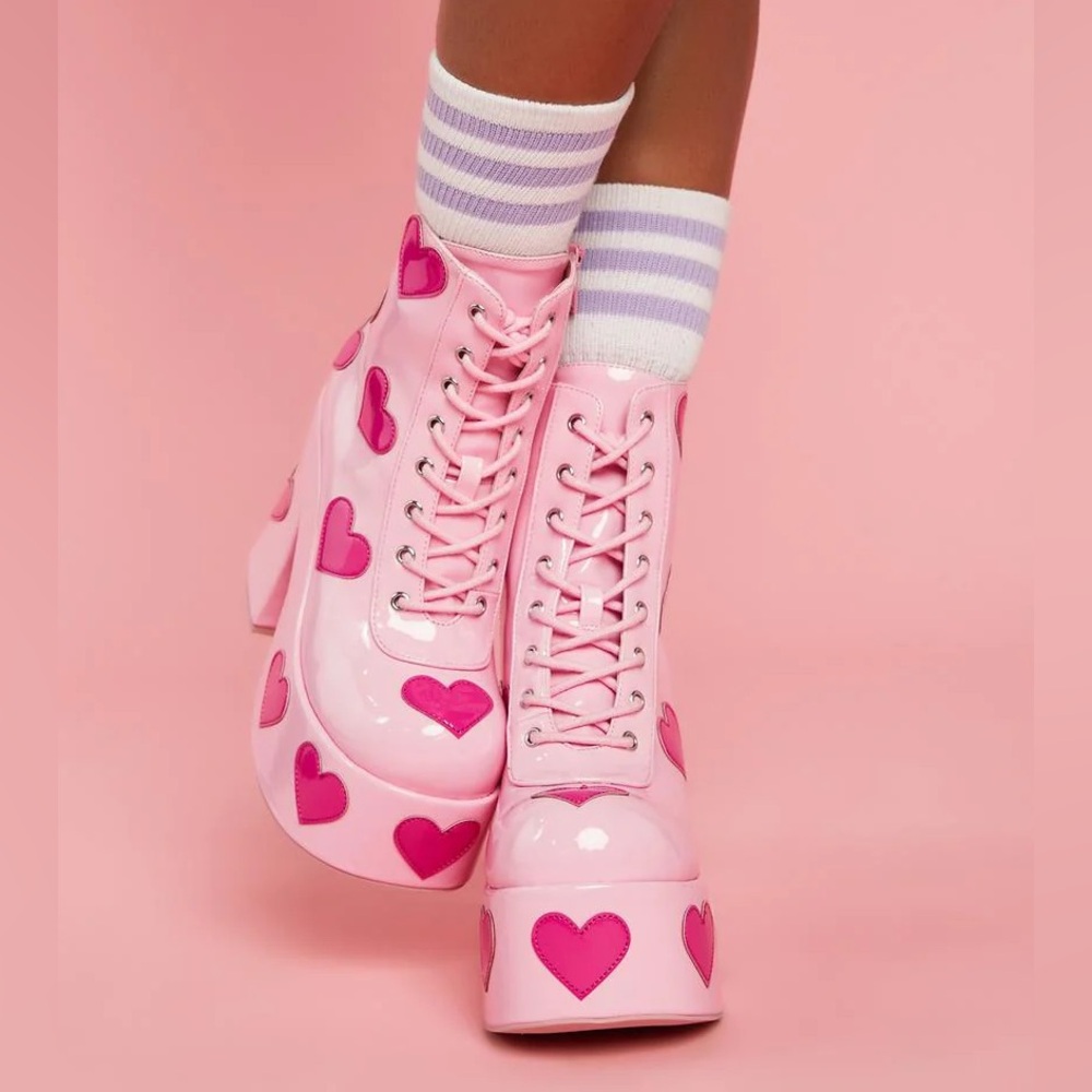 SWEET RETRO ROMANCE ANKLE BOOTS platform shoes pink heart